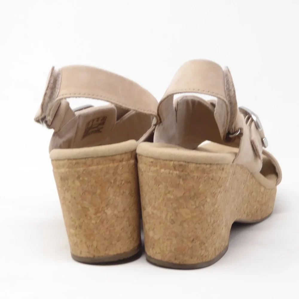 Clarks Giselle Womens Wedge Sandals Tan Leather Cork Platform Buckle 9